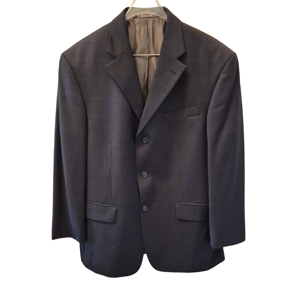 Oscar de la Renta Navy Windowpane Wool Blazer Size 40S W36 EUC